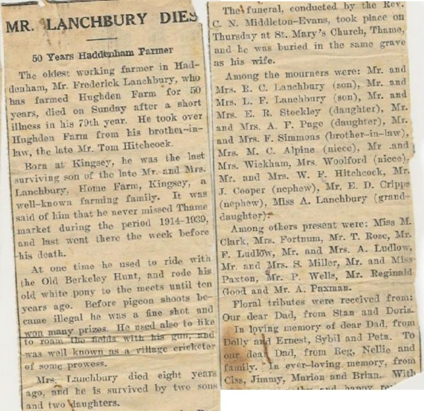 Death notice in the Bucks Yeoman of Fred